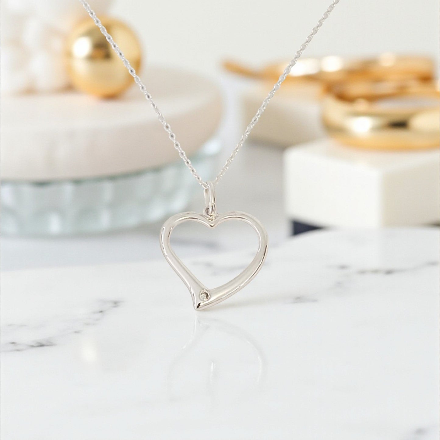 Offset Open Heart Necklace | Cubic Zirconia Pendant | 925 Sterling Silver