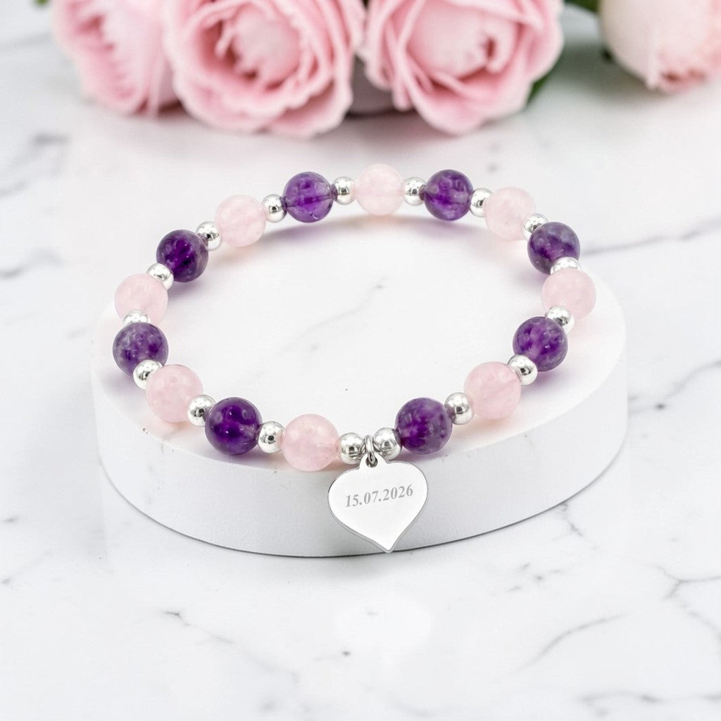 Personalised Name Engraved Stretch Bracelet | Amethyst & Rose Quartz | Sterling Silver 925