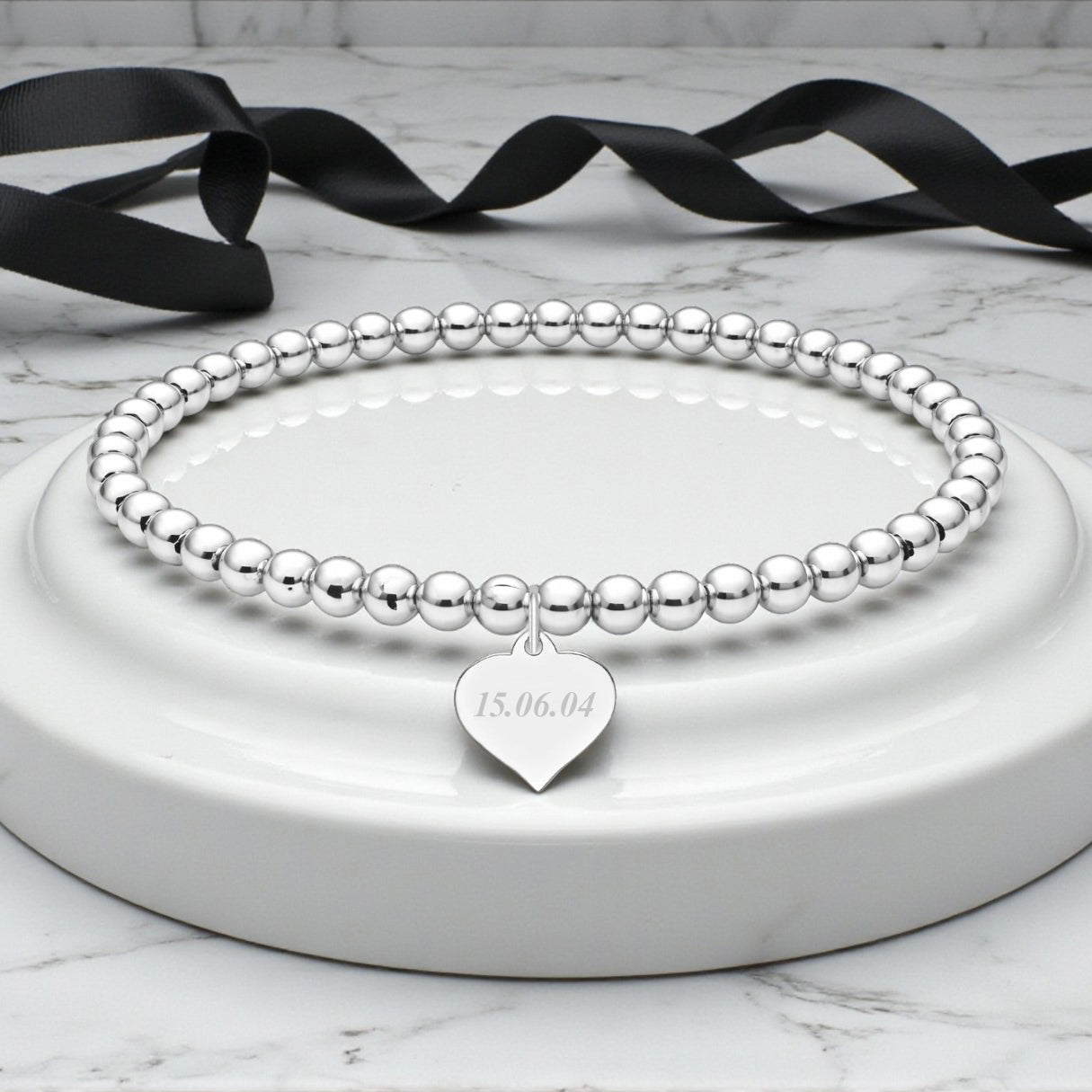 Personalised Date Engraved Stretch Bracelet | Sterling Silver 925 | 4mm Beads