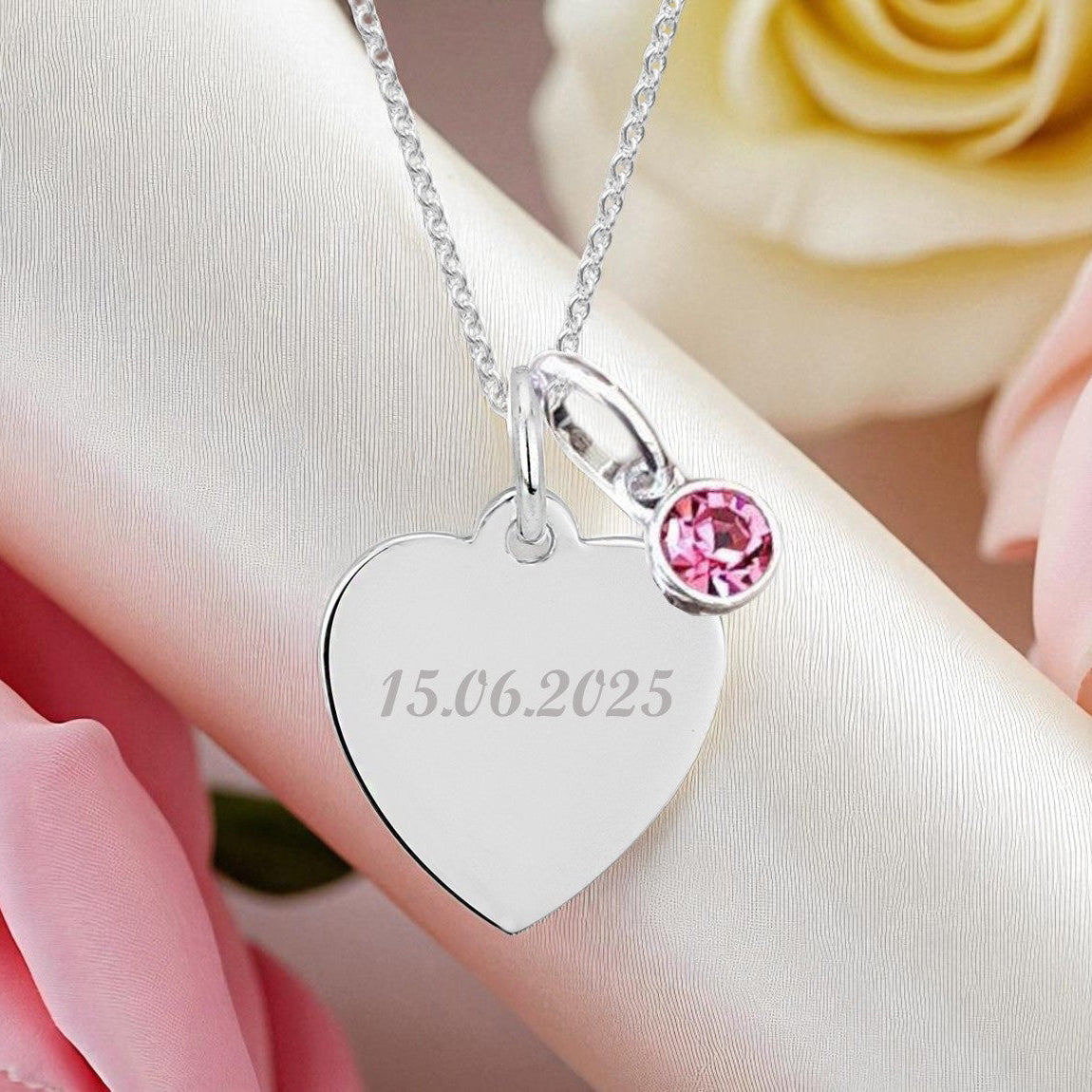 Date Engraved Necklace with Birthstone in Sterling Silver 925 | Personalised Jewellery Gift