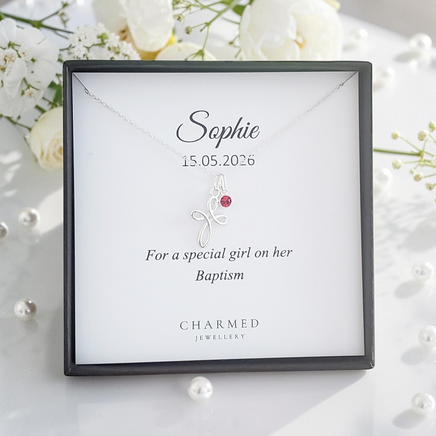 Baptism Gift | Eternity Cross Necklace with Birthstone | Personalised Message Card Jewellery