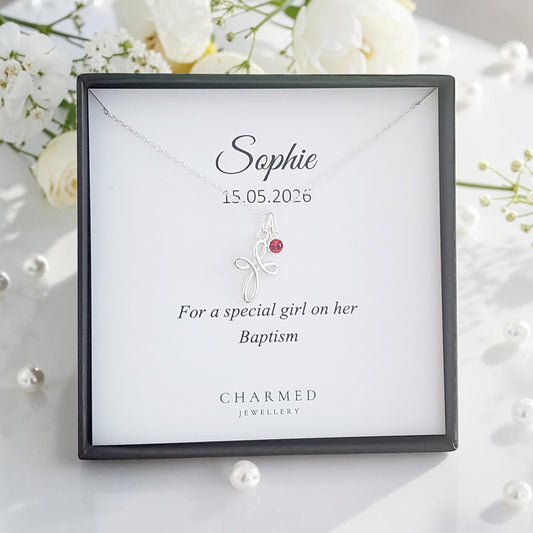 Baptism Gift | Eternity Cross Necklace with Birthstone | Personalised Message Card Jewellery