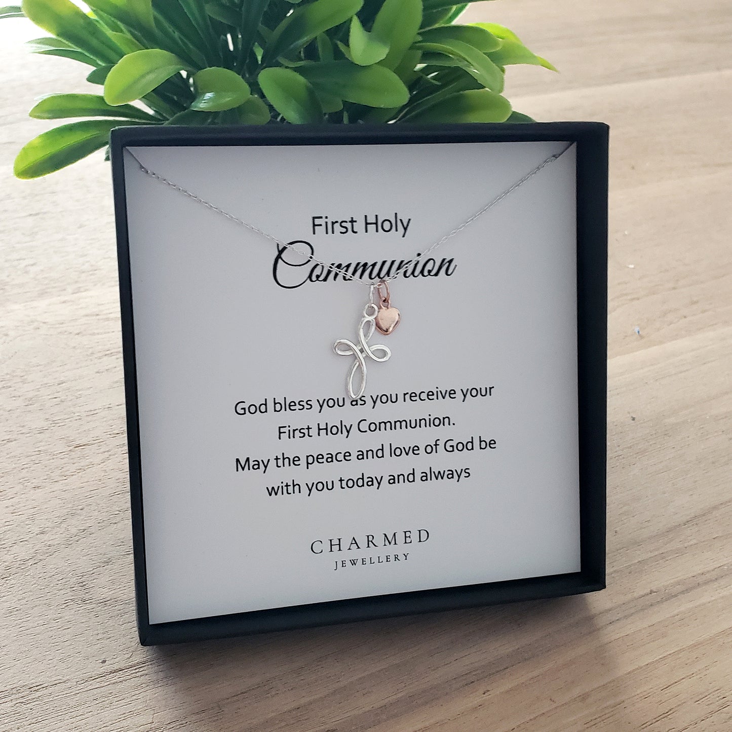 First Holy Communion Eternity Cross Necklace with Rose Gold Heart | Personalised Jewellery Gift