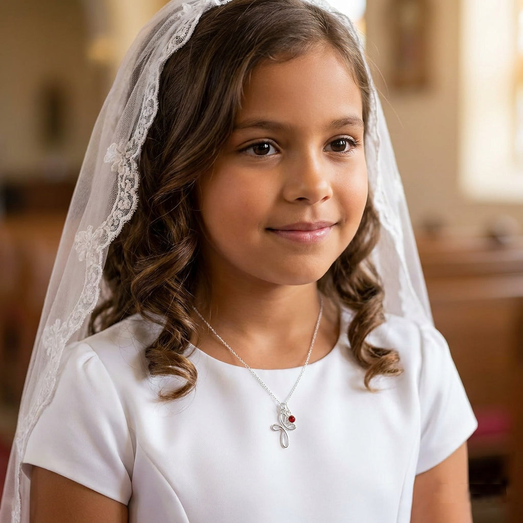 First Holy Communion Gift | Eternity Cross Necklace with Birthstone in 925 Sterling Silver | Personalised Jewellery Gift