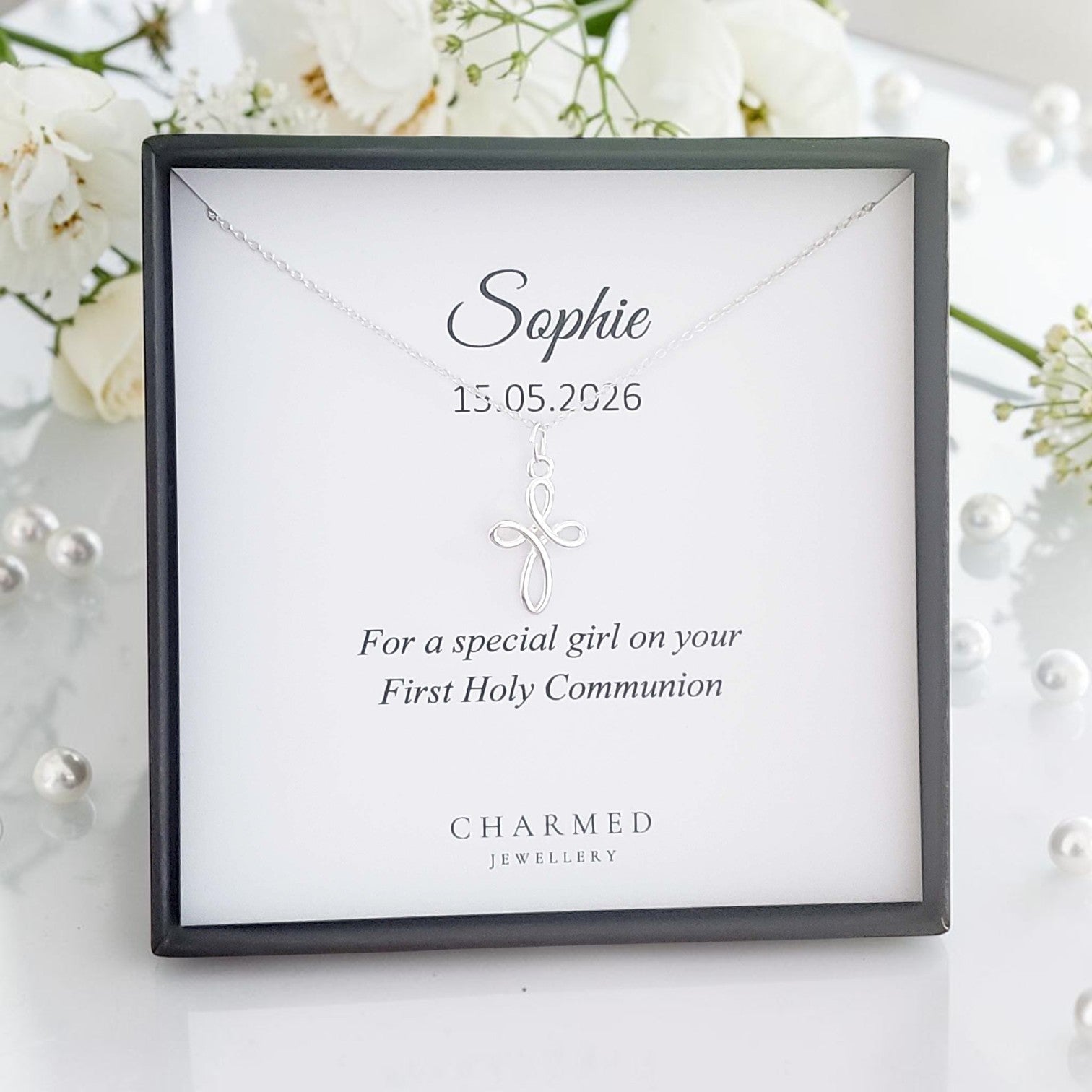 First Holy Communion Gift | Eternity Cross Necklace in Sterling Silver 925 | Message Card Jewellery