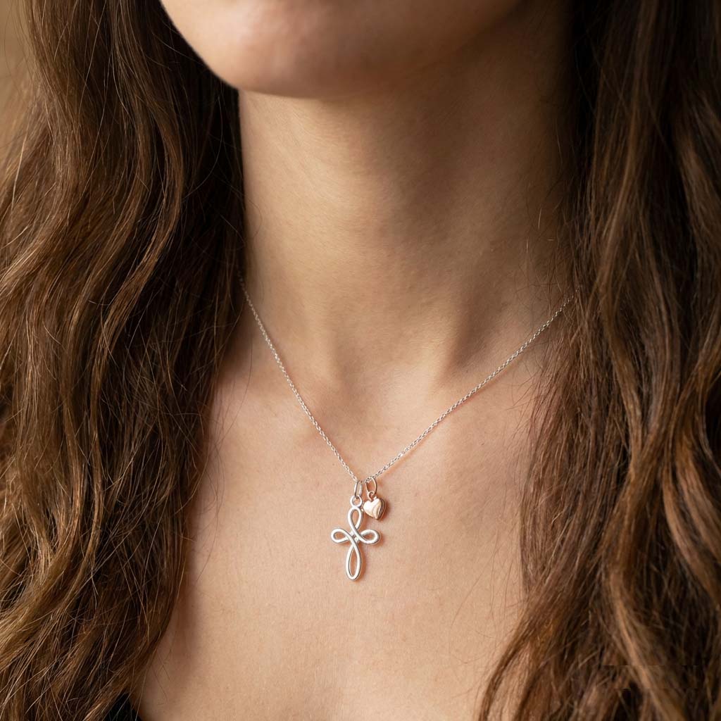 Christening Eternity Cross Necklace with Rose Gold Heart | Personalised Jewellery Gift