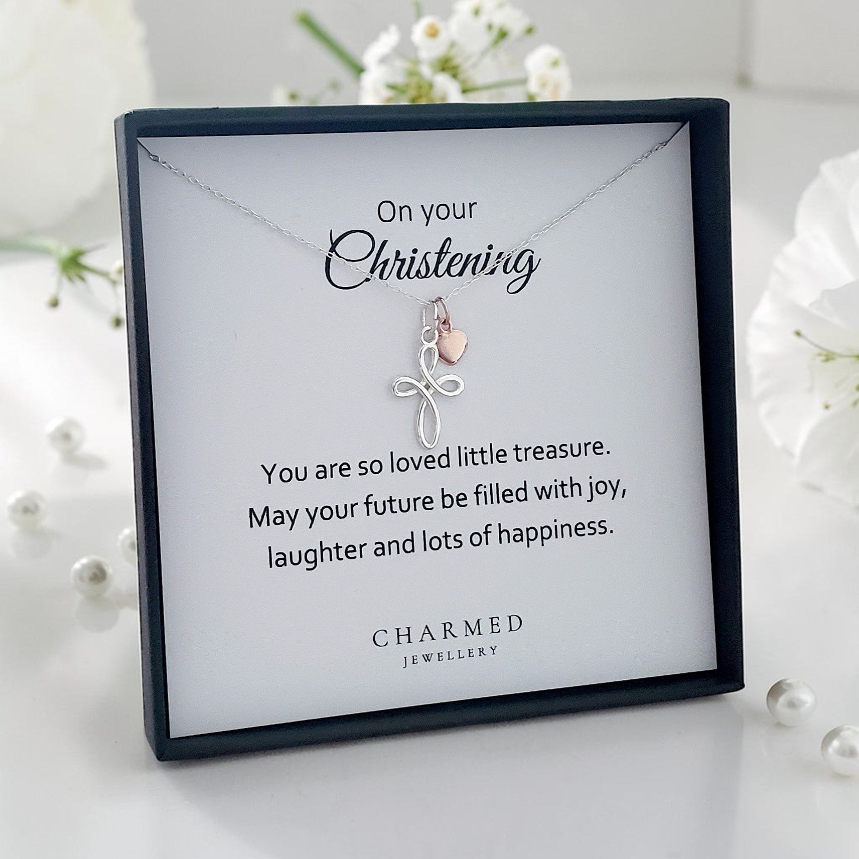 Christening Eternity Cross Necklace with Rose Gold Heart | Personalised Jewellery Gift
