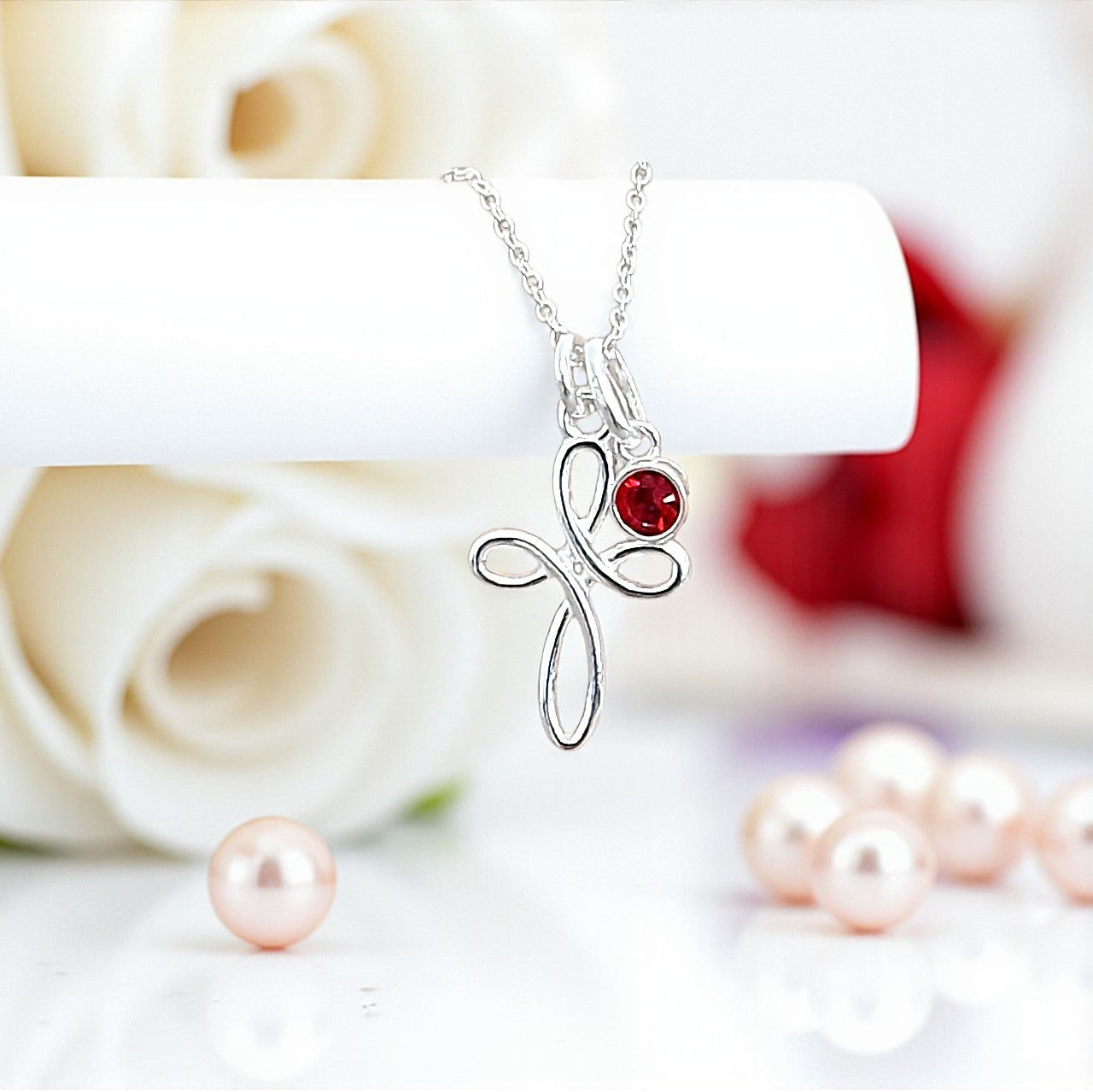 Christening Eternity Cross Necklace with Birthstone in Sterling Silver 925 | Personalised Jewellery Gift