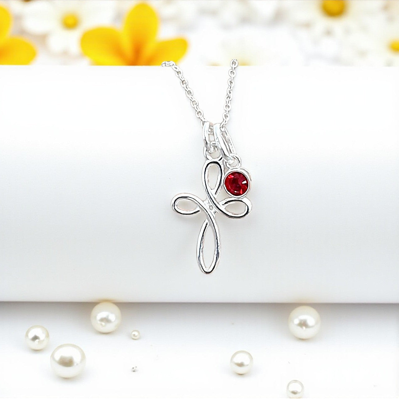 Christening Eternity Cross Necklace with Birthstone in Sterling Silver 925 | Personalised Jewellery Gift