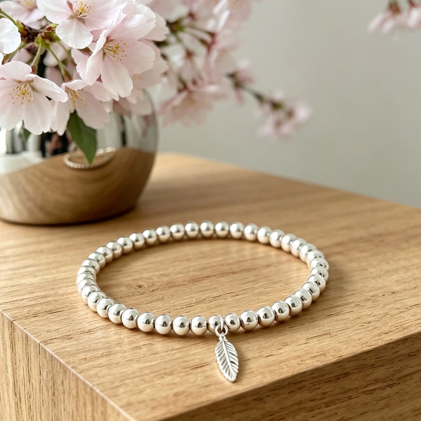 925 Sterling Silver Feather Bracelet | Stretch Charm Bracelet | 4mm Beads