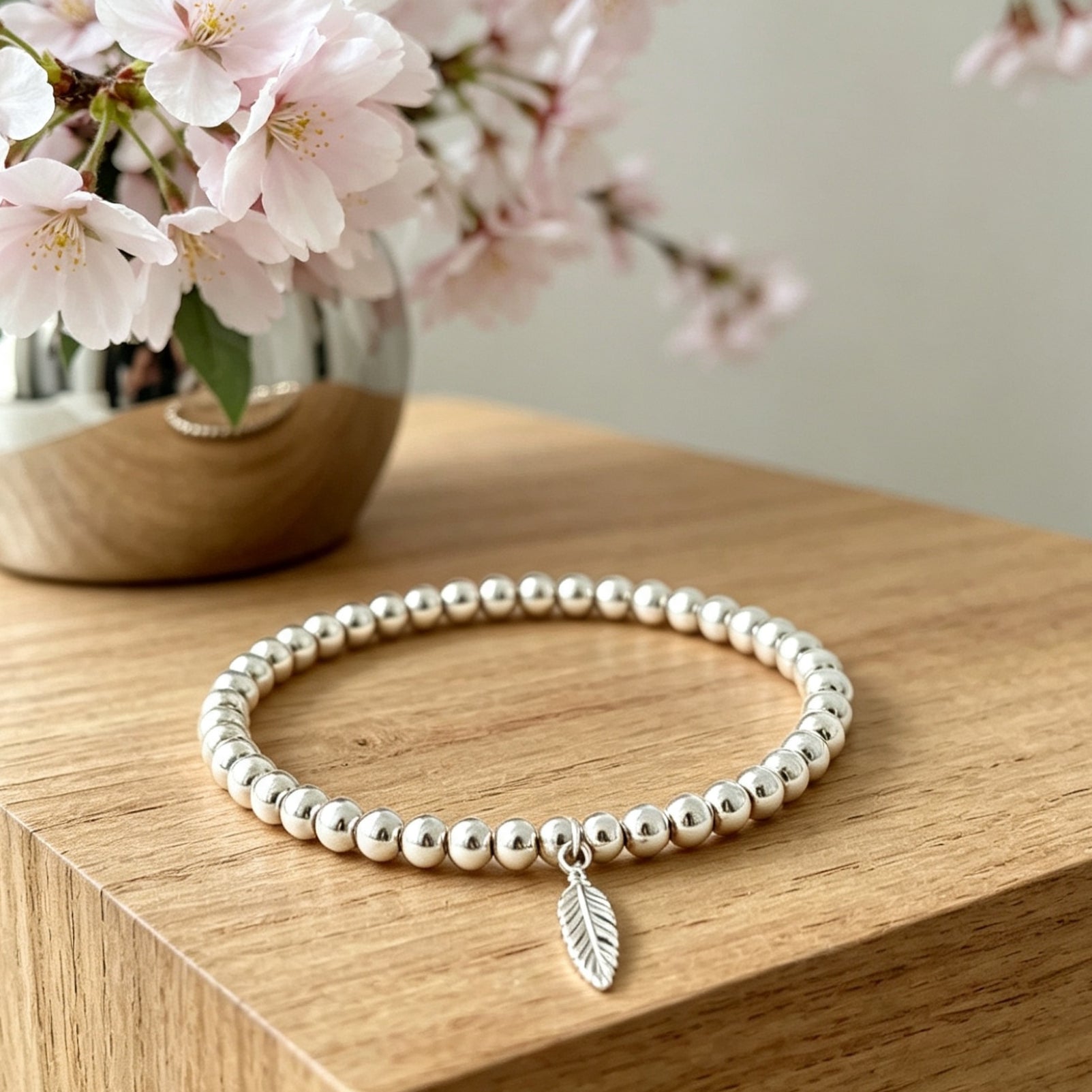 925 Sterling Silver Feather Bracelet | Stretch Charm Bracelet | 4mm Beads