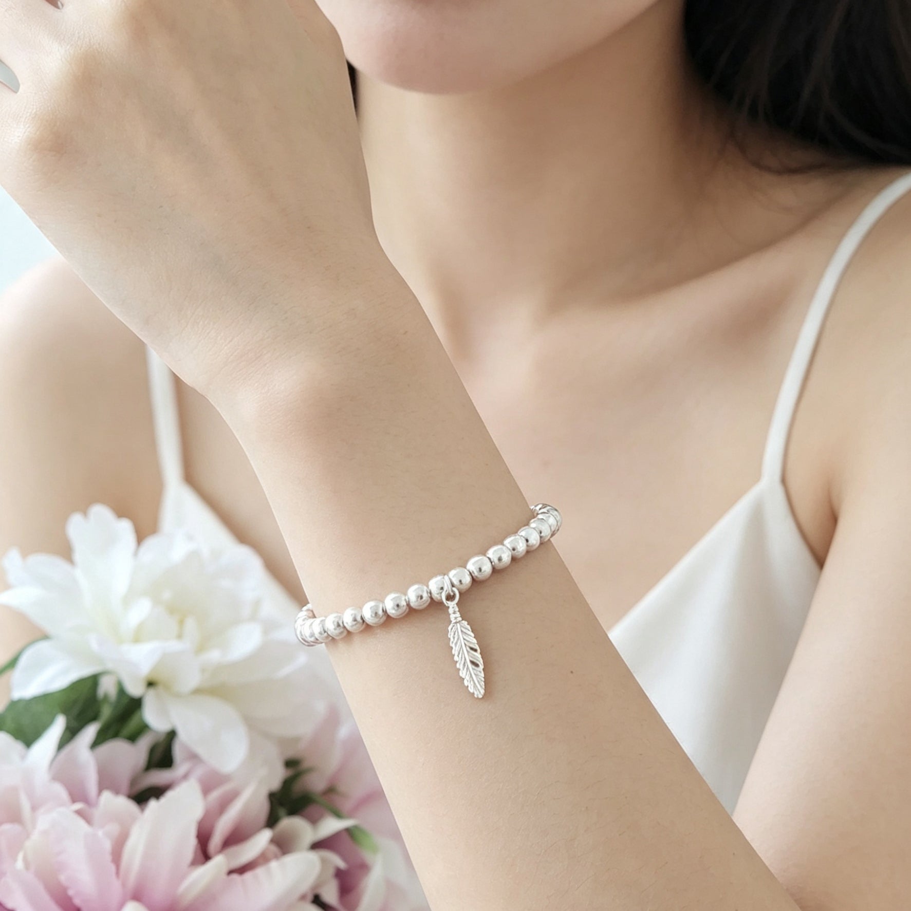 925 Sterling Silver Feather Bracelet | Stretch Charm Bracelet | 4mm Beads