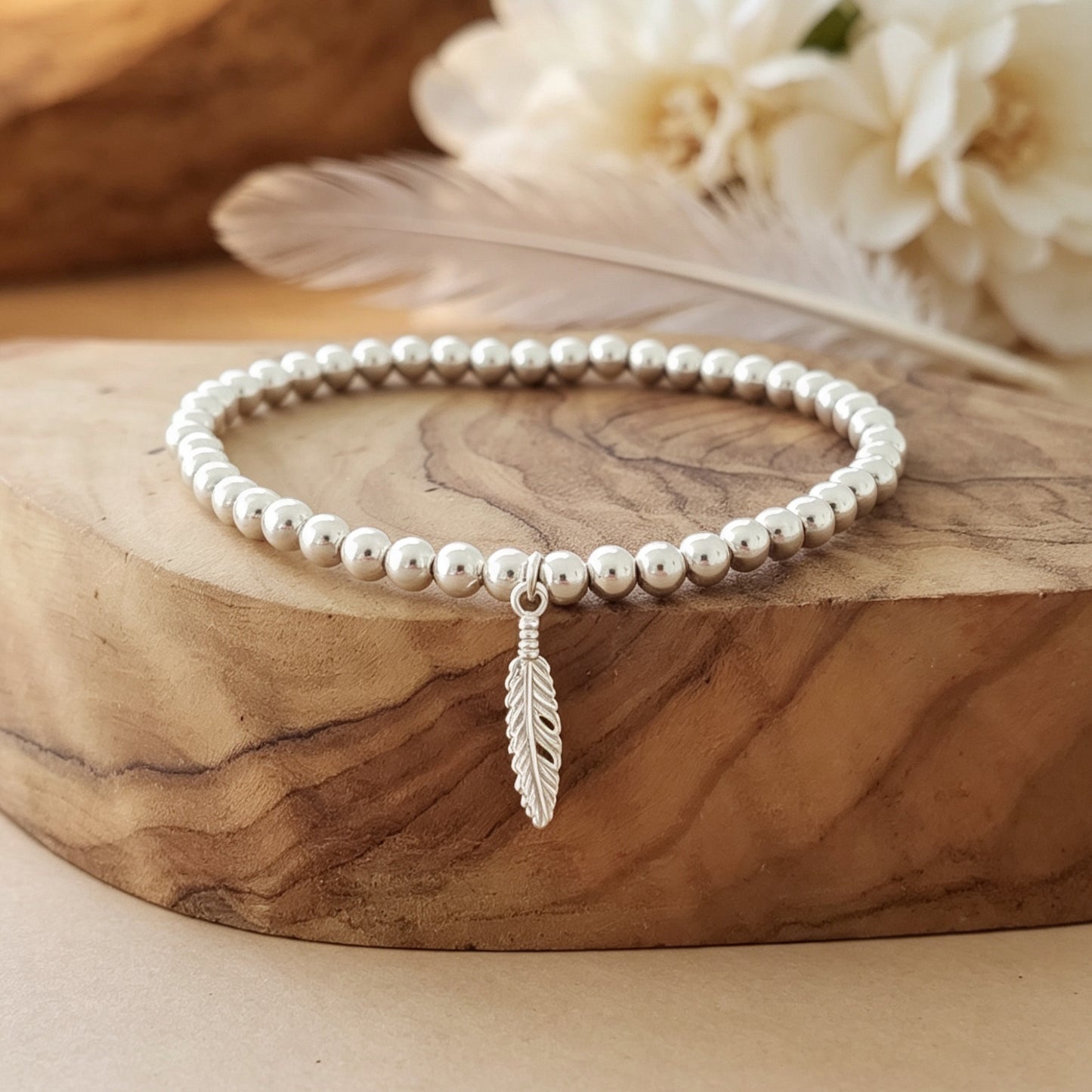 925 Sterling Silver Feather Bracelet | Stretch Charm Bracelet | 4mm Beads