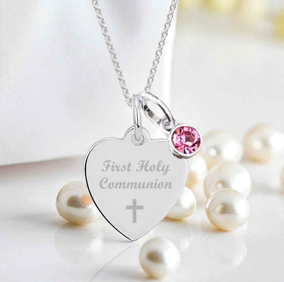 First Holy Communion Engraved Necklace with Birthstone in Sterling Silver 925 | Personalised Jewellery Gift
