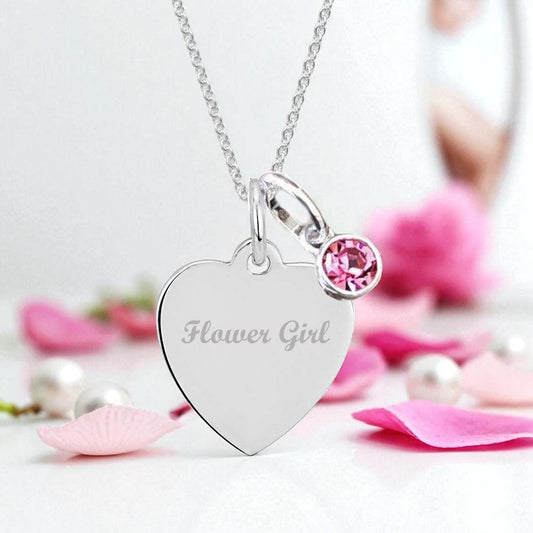 Flower Girl Engraved Necklace with Birthstone in Sterling Silver 925 | Personalised Jewellery Gift