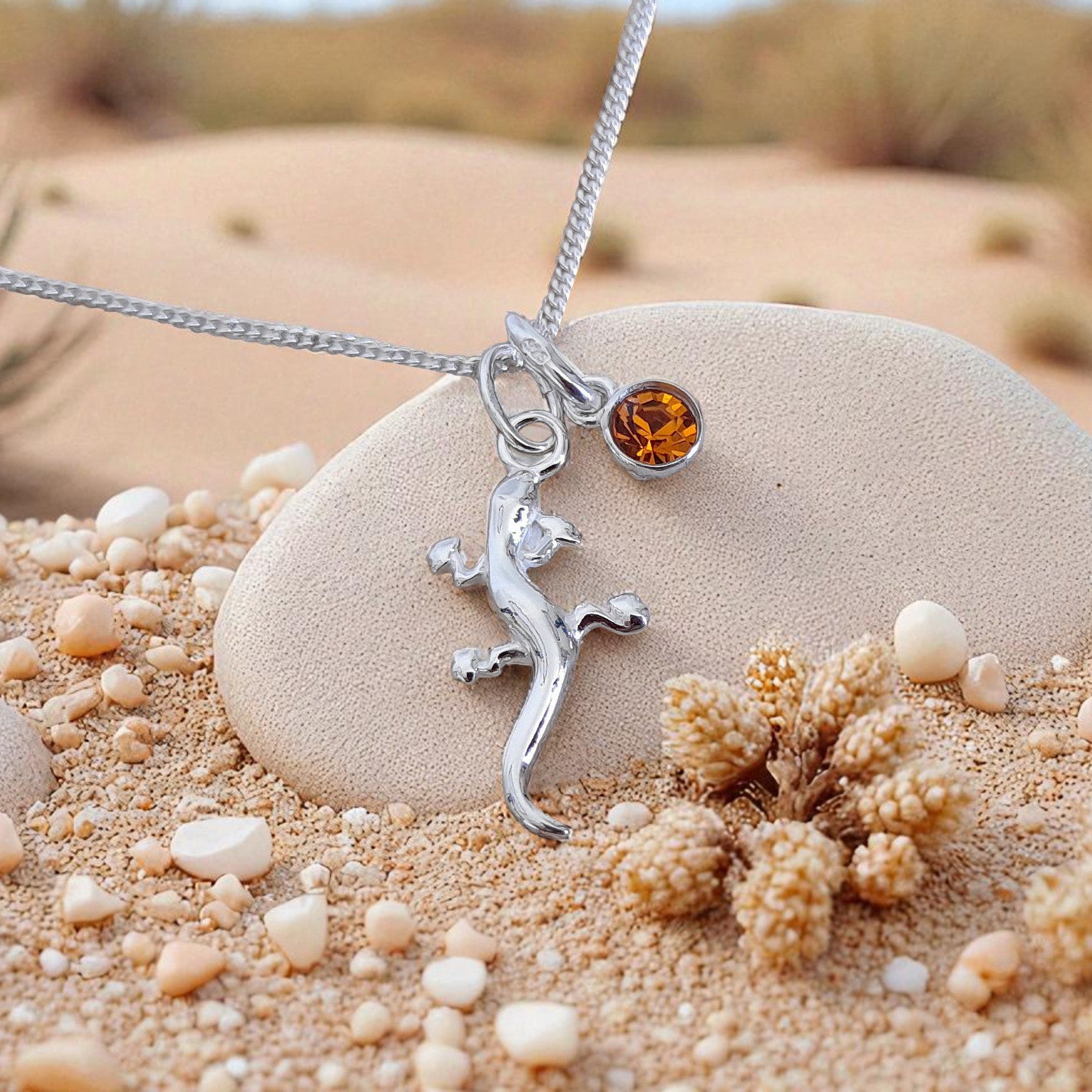 Gecko Necklace with Birthstone Sterling Silver 925 – Personalised Jewellery Gift