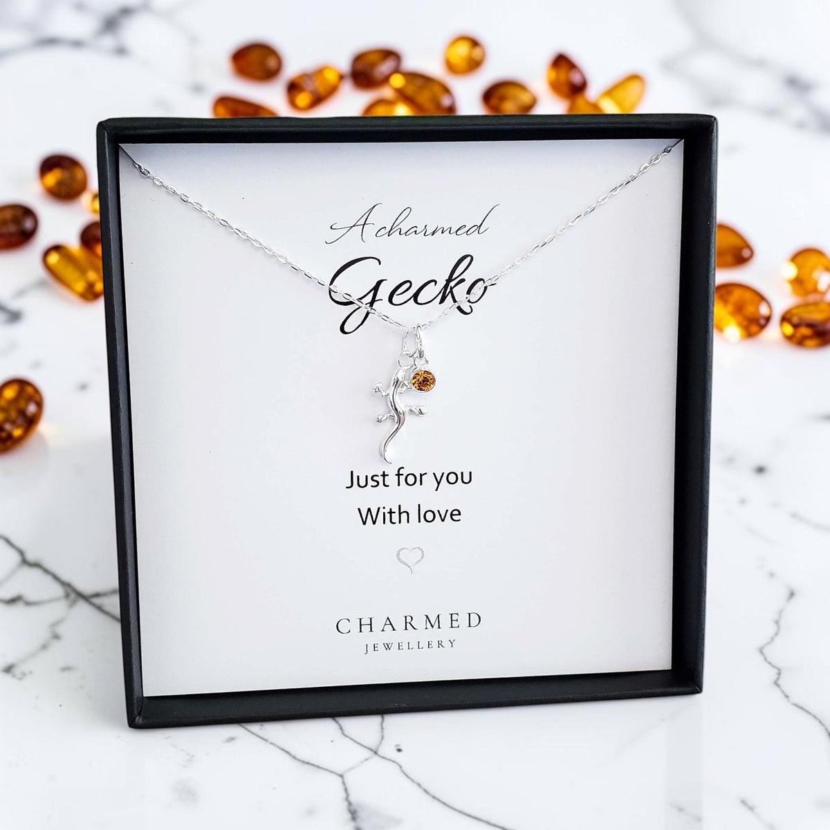 A Charmed Gecko Birthstone Necklace in Sterling Silver 925 | Personalised Jewellery Gift