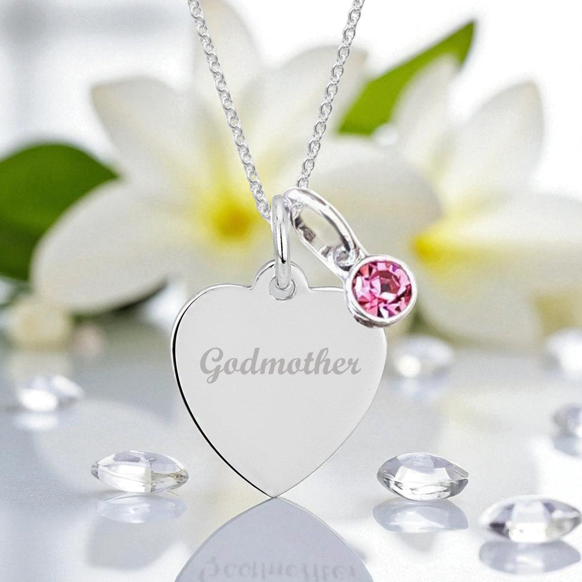 Godmother Engraved Necklace with Birthstone in Sterling Silver 925 | Personalised Jewellery Gift
