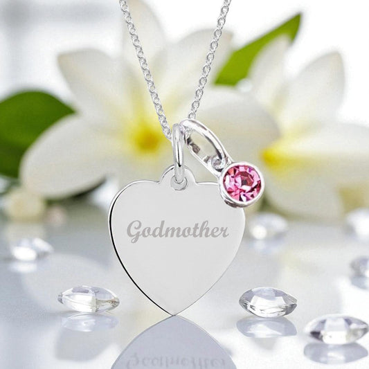 Godmother Engraved Necklace with Birthstone in Sterling Silver 925 | Personalised Jewellery Gift