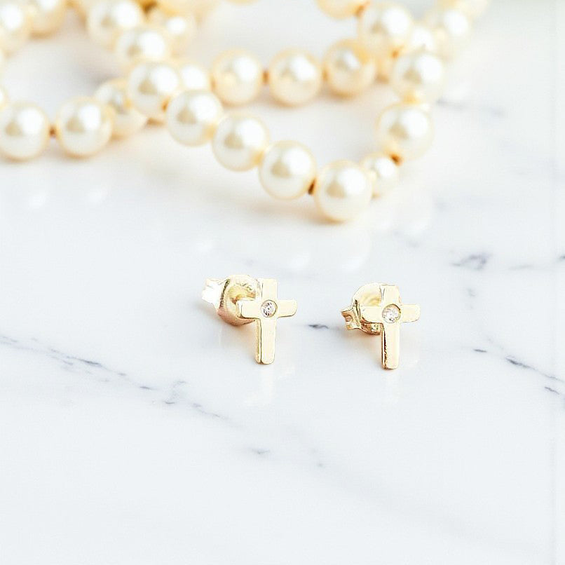 CZ Cross Stud Earrings | 14ct Yellow Gold Plated Sterling Silver 925 | Religious Jewellery Gift