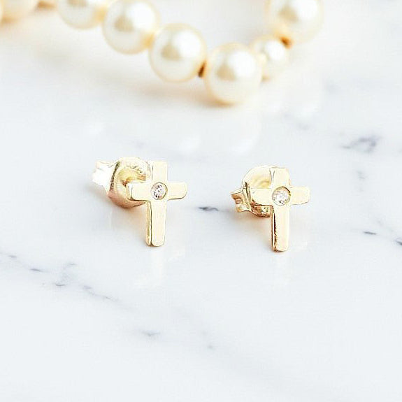 Gold CZ Cross Stud Earrings in Sterling Silver 925 | Personalised Jewellery Gift