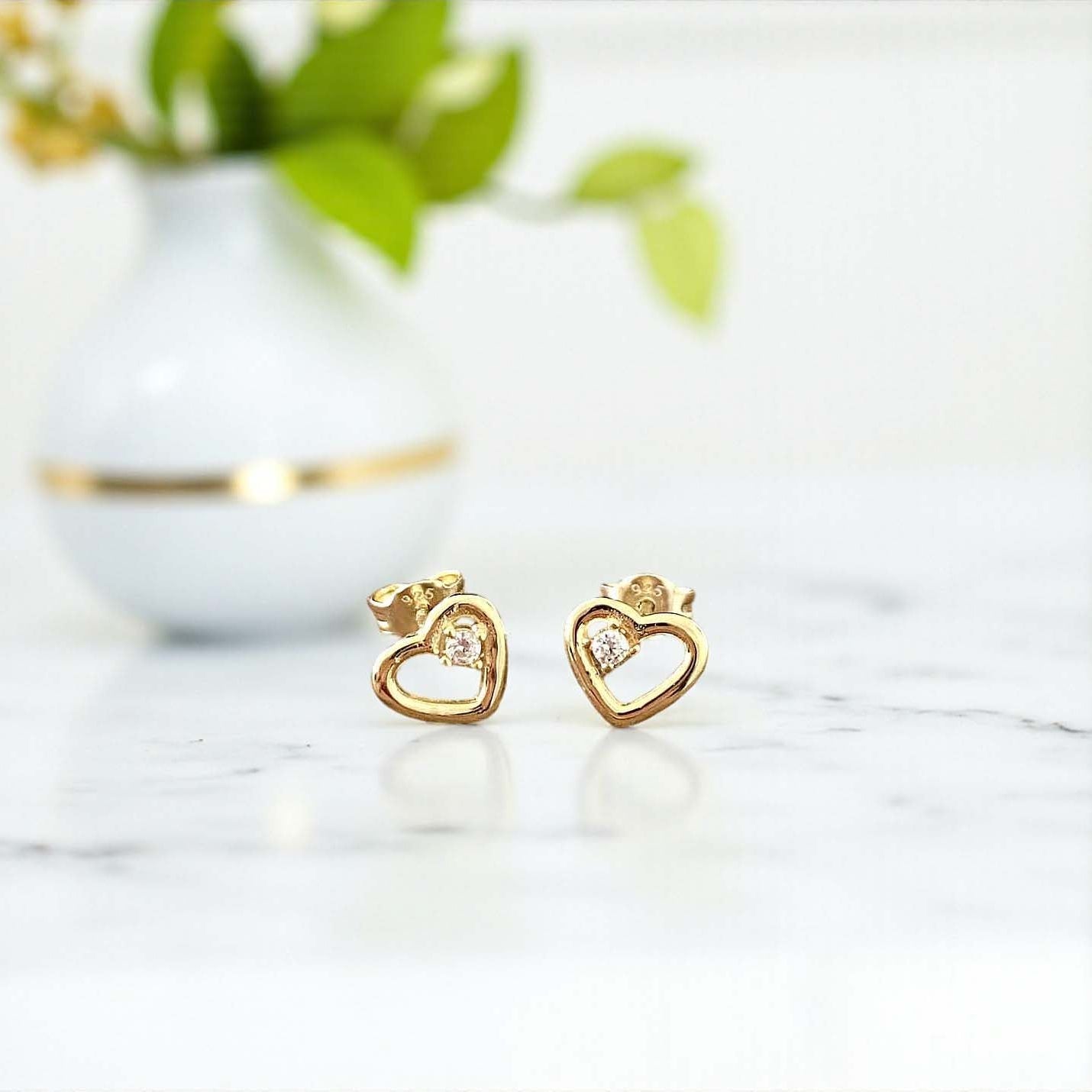 14ct Yellow Gold CZ Open Heart Stud Earrings | Sterling Silver 925 | Elegant Jewellery Gift