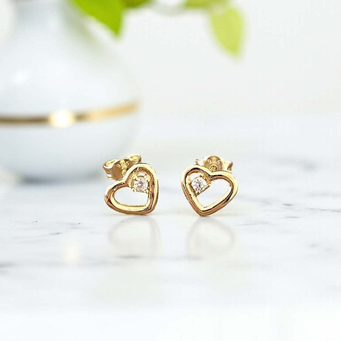 Gold CZ Heart Stud Earrings in Sterling Silver 925 | Personalised Jewellery Gift