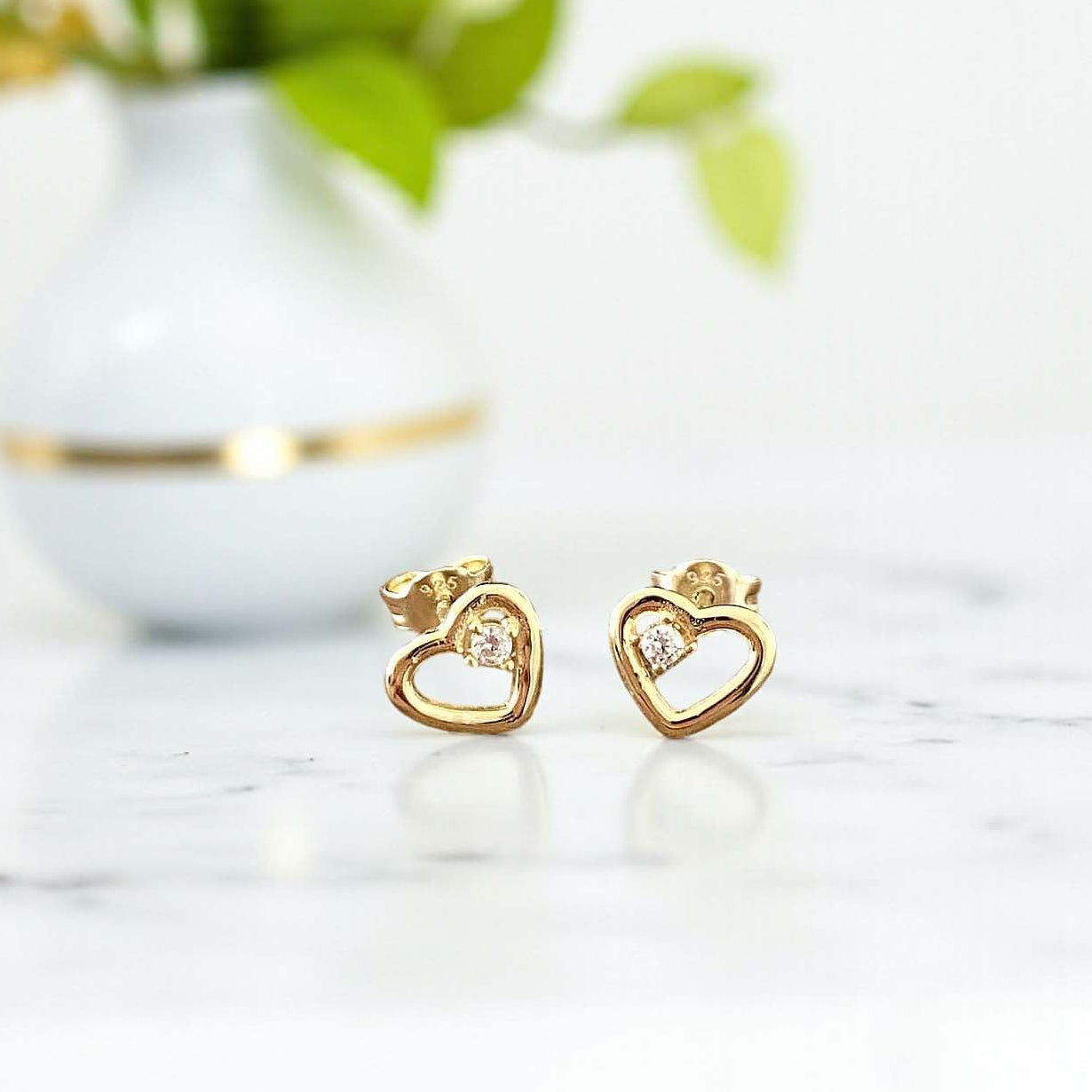 Daughter Gift, Gold CZ Heart Stud Earrings, Sterling Silver 925 | Personalised Jewellery Gift