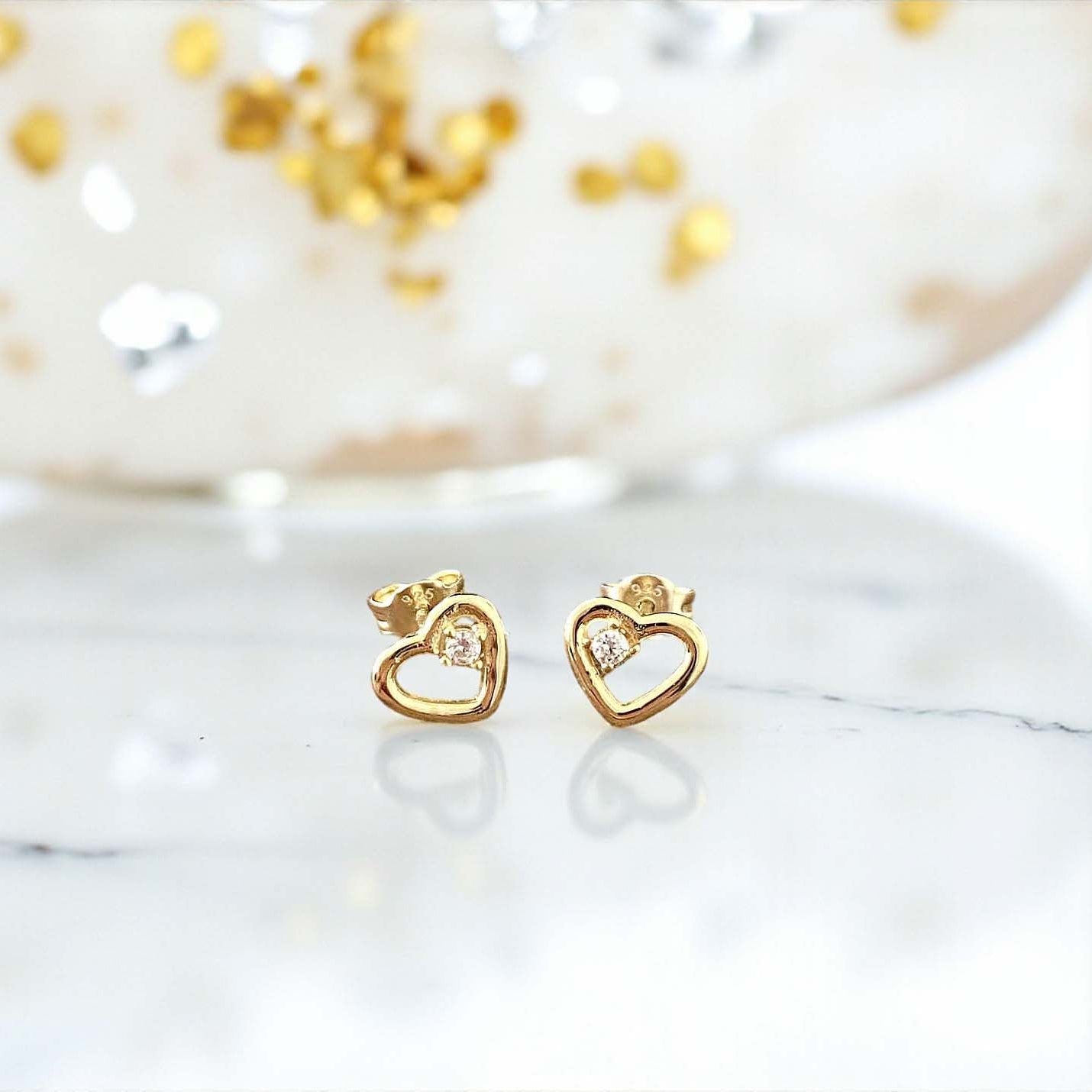 14ct Yellow Gold CZ Open Heart Stud Earrings | Sterling Silver 925 | Elegant Jewellery Gift