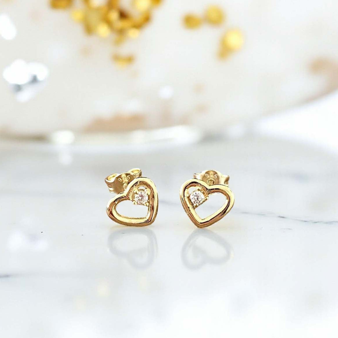 Daughter Gift, Gold CZ Heart Stud Earrings, Sterling Silver 925 | Personalised Jewellery Gift