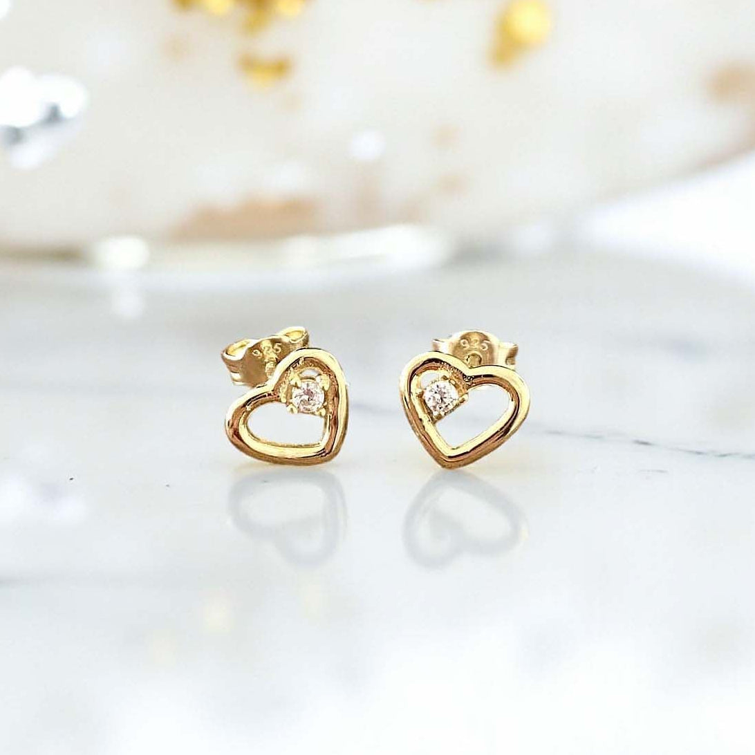 Gold CZ Heart Stud Earrings in Sterling Silver 925 | Personalised Jewellery Gift