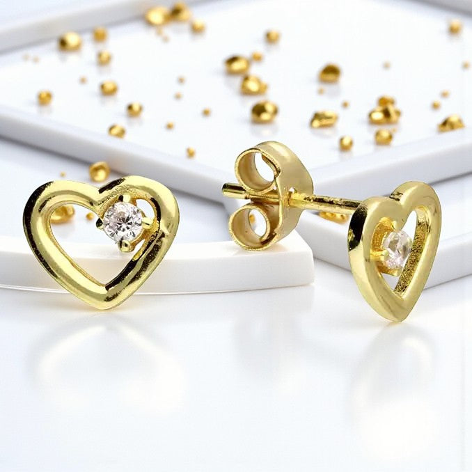 Gold CZ Heart Stud Earrings in Sterling Silver 925 | Personalised Jewellery Gift