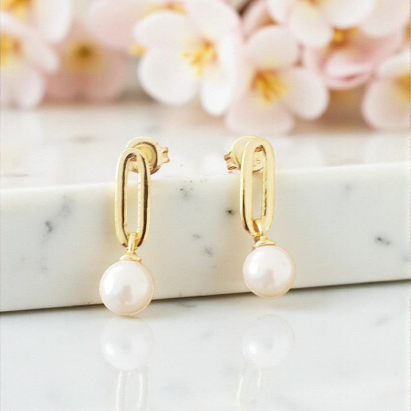 Pearl Charm Drop Earrings | 14ct Yellow Gold Plated Sterling Silver 925 | Paperclip Studs