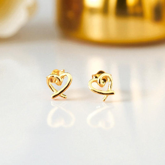 18ct Yellow Gold Plated Sterling Silver Ribbon Heart Stud Earrings | Elegant Jewellery Gift