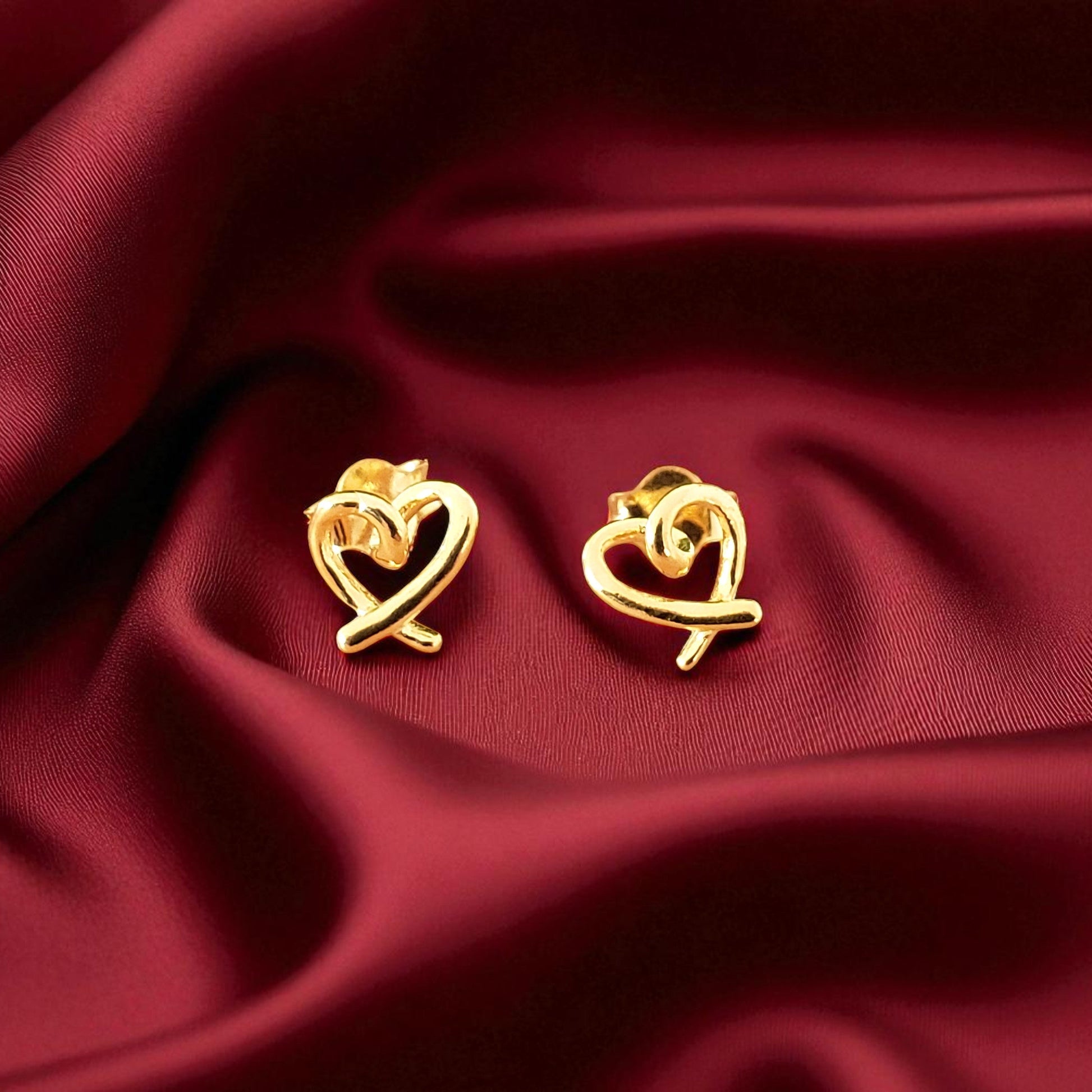 18ct Yellow Gold Plated Sterling Silver Ribbon Heart Stud Earrings | Elegant Jewellery Gift