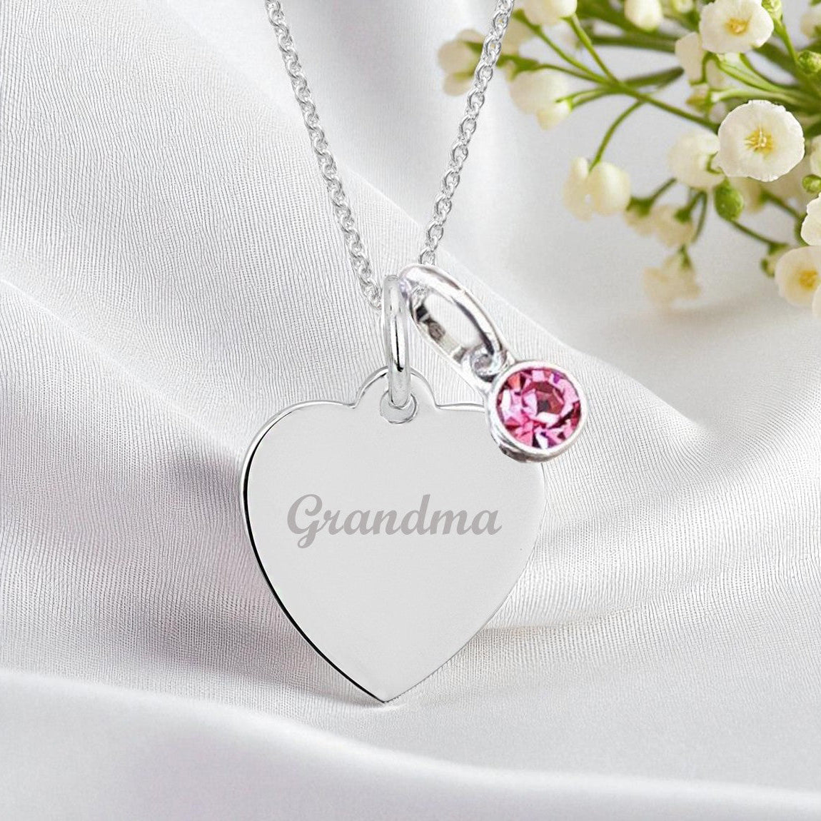 Grandma Engraved Necklace with Birthstone in Sterling Silver 925 | Personalised Jewellery Gift