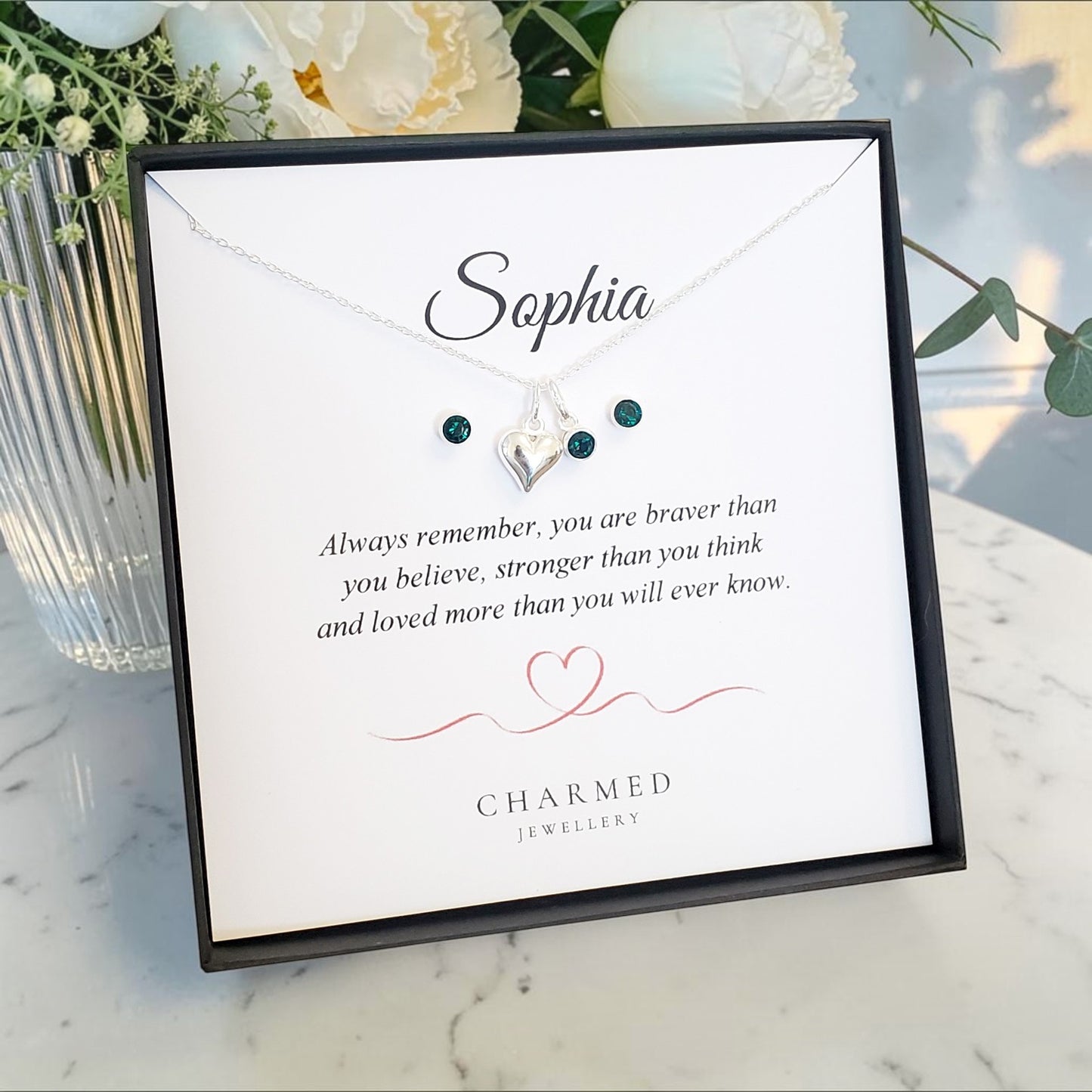 Personalised Puffy Heart Birthstone Necklace & Earrings Gift Set in 925 Sterling Silver | Jewellery Gift