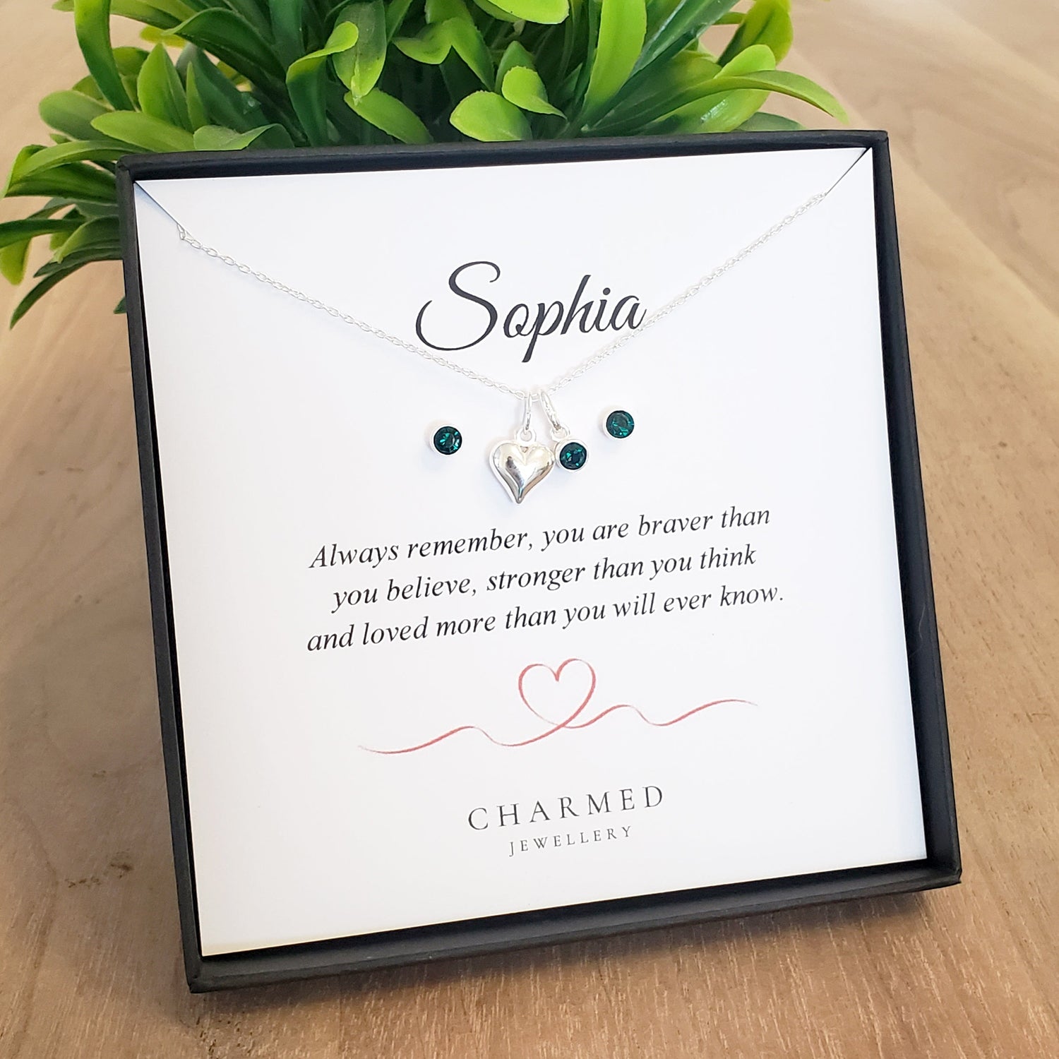 Personalised Puffy Heart Birthstone Necklace & Earrings Gift Set in 925 Sterling Silver | Jewellery Gift