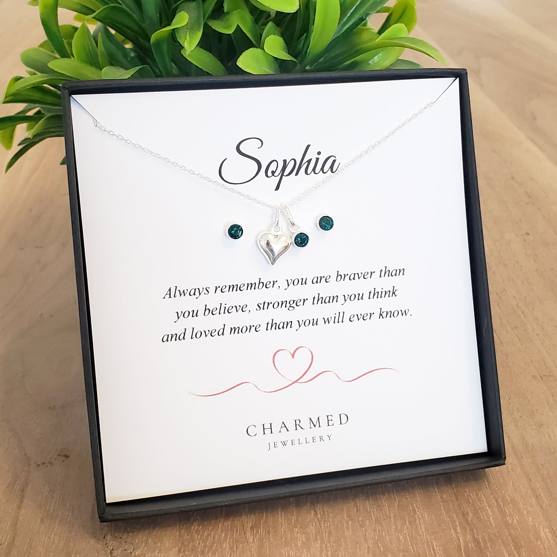 Personalised Puffy Heart Birthstone Necklace & Earrings Gift Set in 925 Sterling Silver | Jewellery Gift