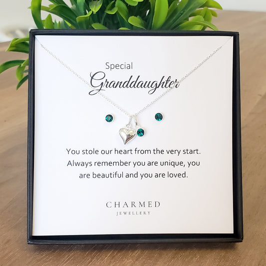 Granddaughter Puffy Heart Birthstone Necklace & Earrings Gift Set in 925 Sterling Silver | Personalised Jewellery Gift