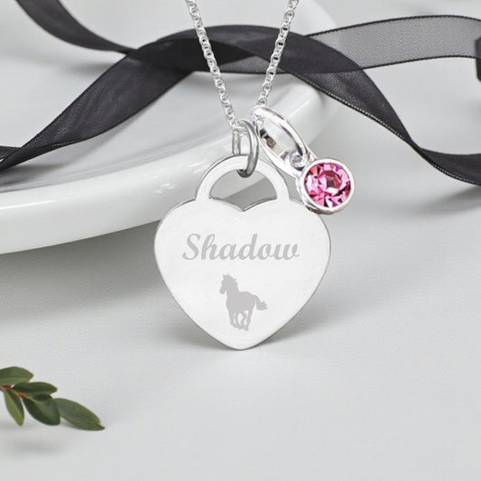 Horse Engraved Necklace with Birthstone | Personalised Jewellery Gift