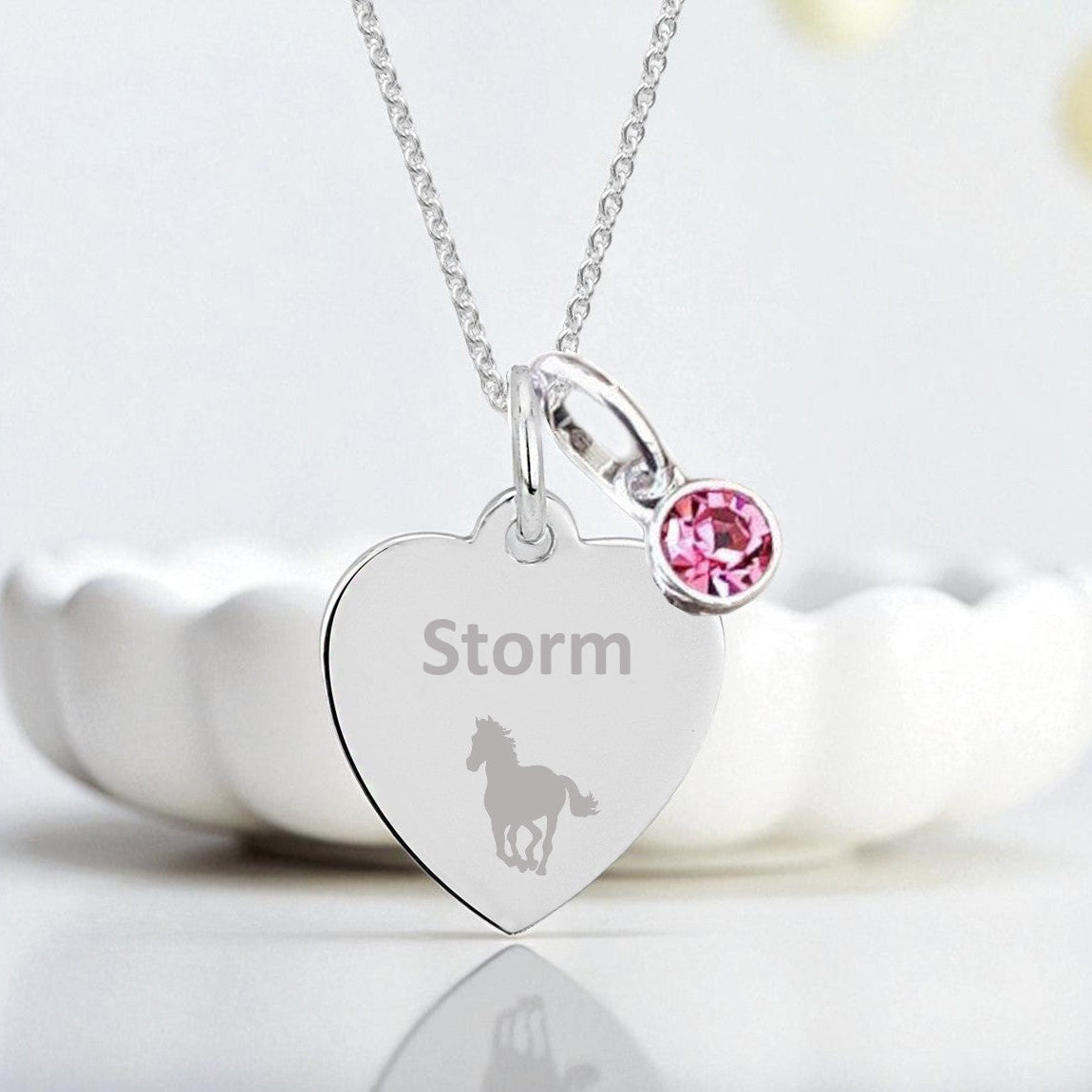 Horse Engraved Necklace with Birthstone in Sterling Silver 925 | Personalised Jewellery Gift