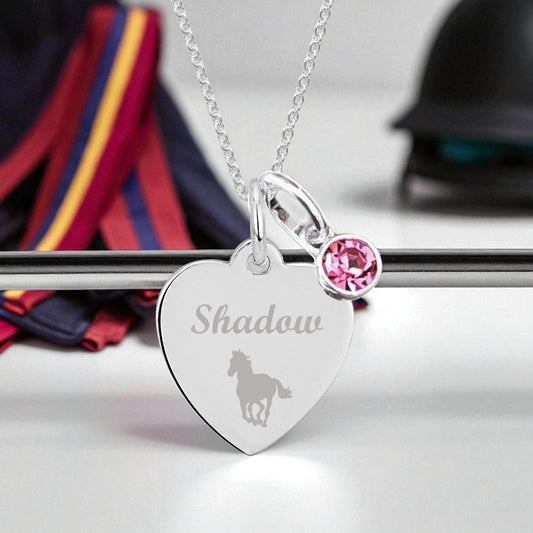 Horse Engraved Necklace with Birthstone in Sterling Silver 925 | Personalised Jewellery Gift