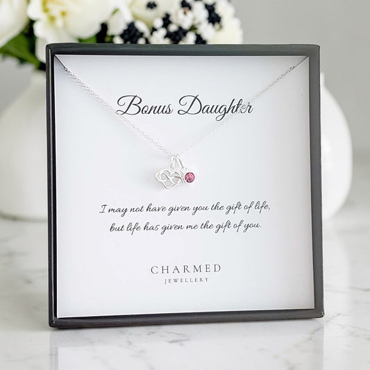 Bonus Daughter Infinity Heart Necklace with Birthstone | Sterling Silver 925 | Personalised Jewellery Gift