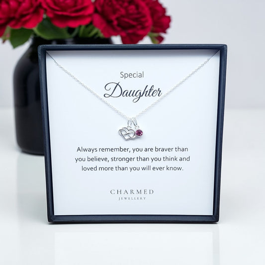 Daughter Infinity Heart Necklace with Birthstone in Sterling Silver 925 | Personalised Jewellery Gift