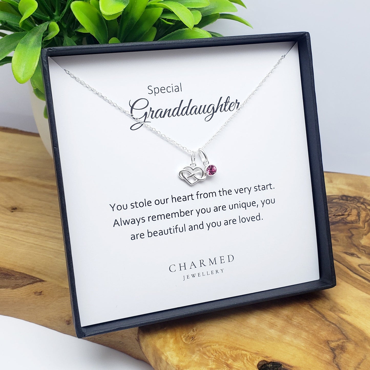 Granddaughter Infinity Heart Necklace with Birthstone | 925 Sterling Silver | Personalised Jewellery Gift