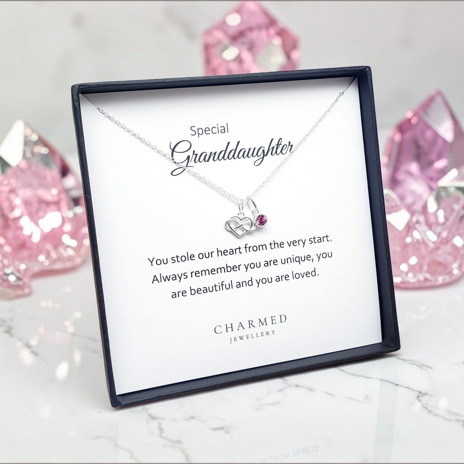 Granddaughter Infinity Heart Necklace with Birthstone | 925 Sterling Silver | Personalised Jewellery Gift