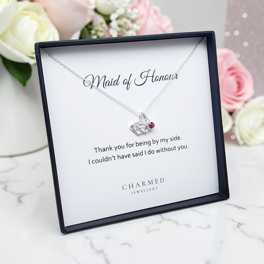 Maid of Honour Gift | Infinity Heart Necklace with Birthstone | Sterling Silver 925 | Personalised Jewellery