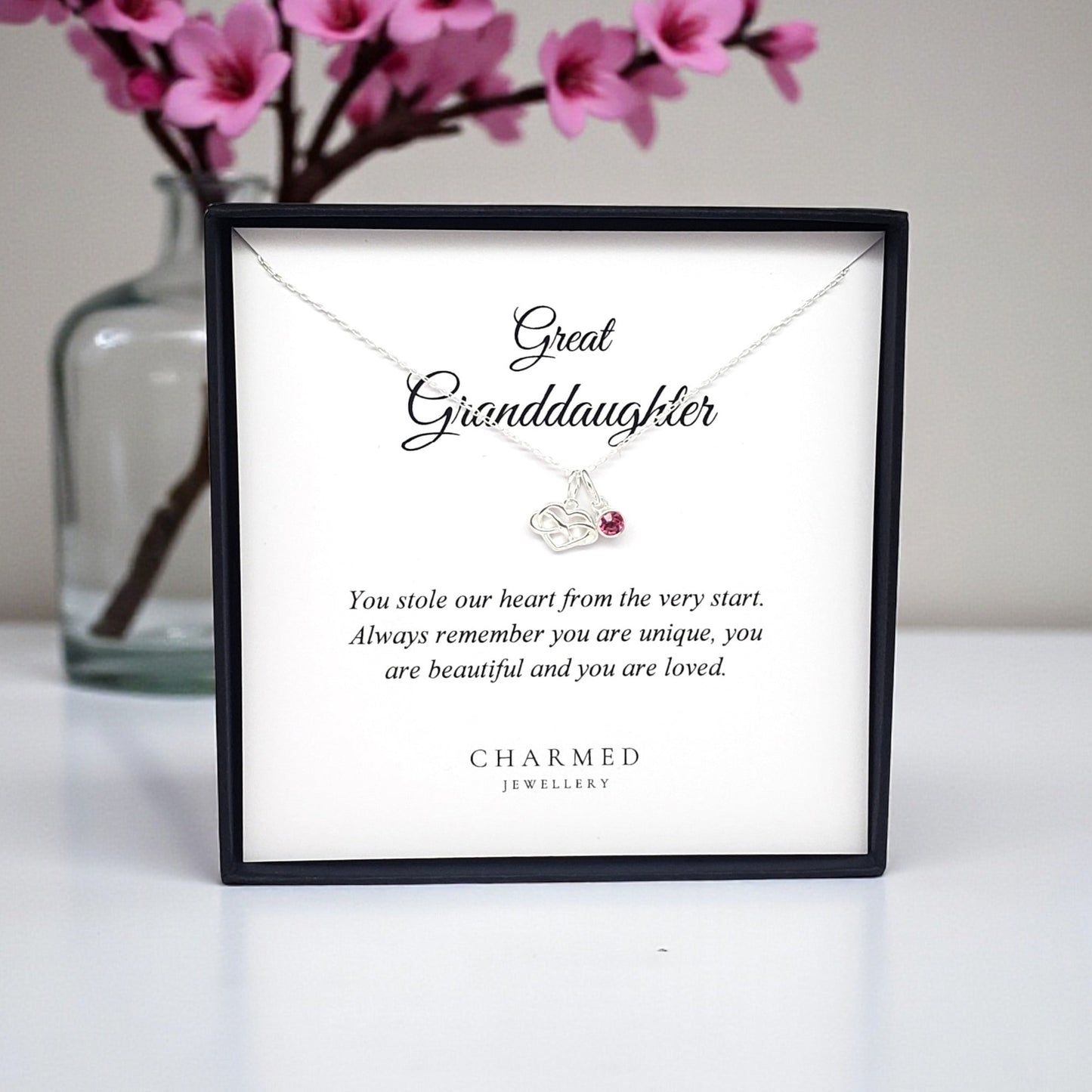 Great Granddaughter Infinity Heart Necklace with Birthstone | 925 Sterling Silver | Personalised Jewellery Gift
