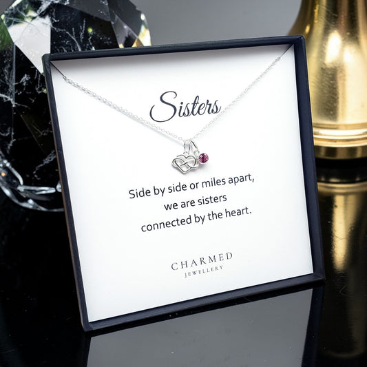 Sister Infinity Heart Necklace with Birthstone in Sterling Silver 925 | Personalised Jewellery Gift